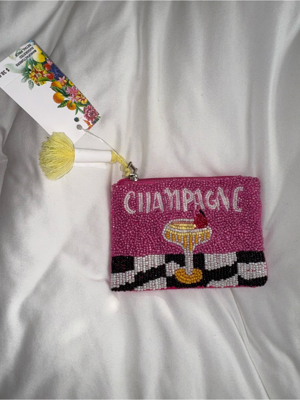 Pink Champagne Glass Beaded Zipper Pouch New with Tags
